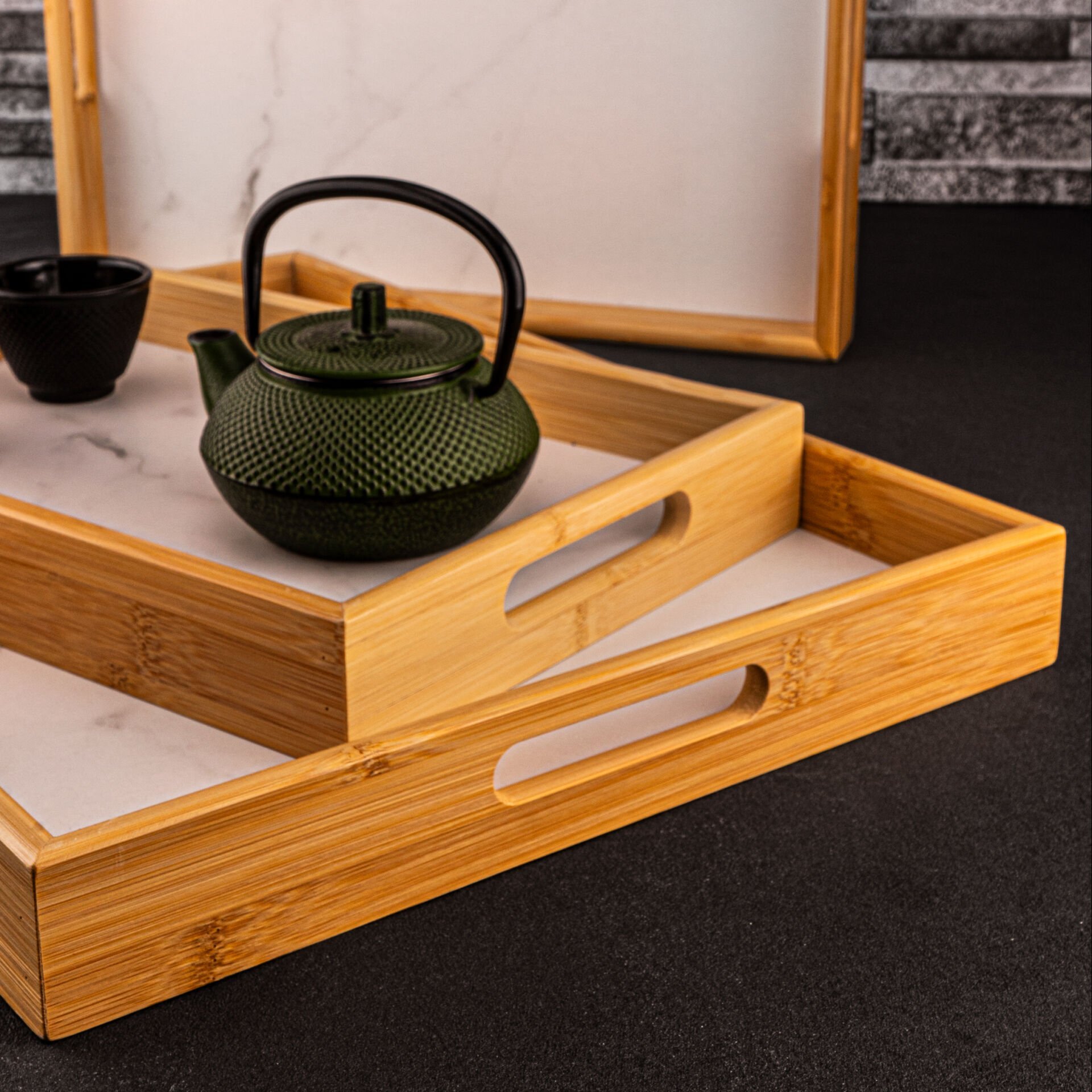 Marbella 3’lü Mermer Desenli Tepsi Beyaz