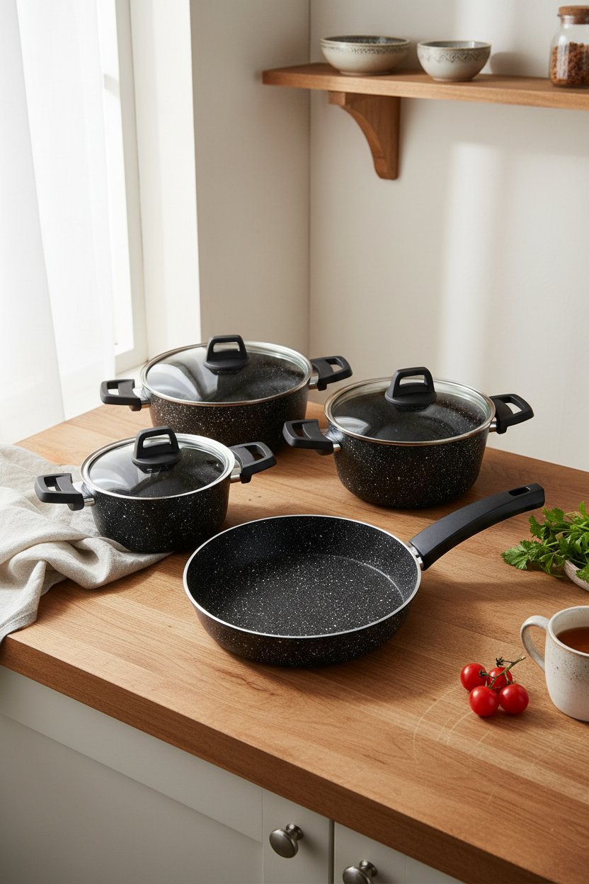 Scarlett - 7 Parça Granit Tencere Seti Siyah