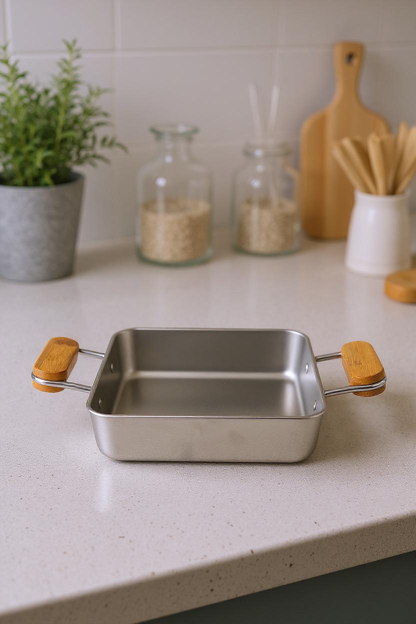 Cesta - Bambu Kulplu Çelik Sunum Tavası Kare Orta