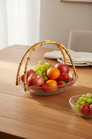 Cestino - Bambu Kulplu Cam Dikdörtgen Sunum Tabağı Dalgalı Desen