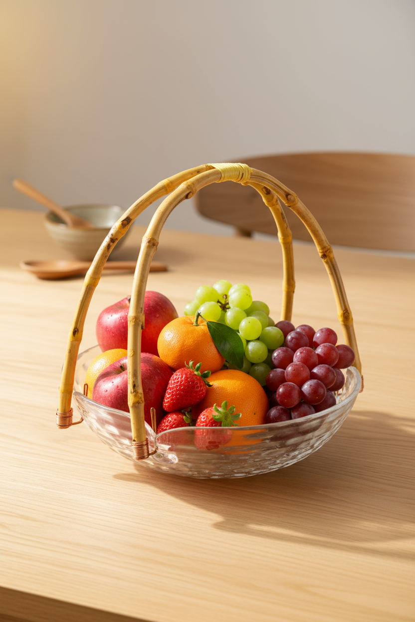 Cestino - Bambu Kulplu Cam Yuvarlak Sunum Tabağı Dalgalı Desen