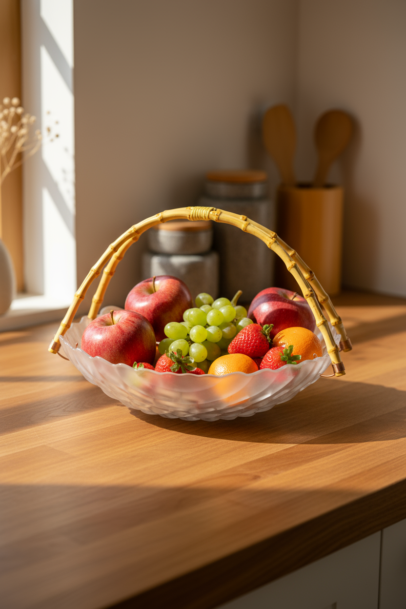 Cestino - Bambu Kulplu Cam Dikdörtgen Sunum Tabağı Kabartmalı Desen