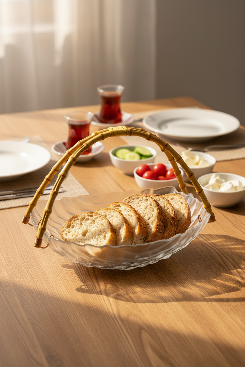 Cestino - Bambu Kulplu Cam Dikdörtgen Sunum Tabağı Kabartmalı Desen