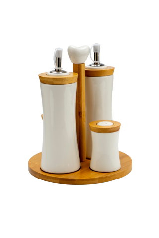 Fiago - Bambu Standlı Yağlık Sirkelik Tuzluk ve Biberlik