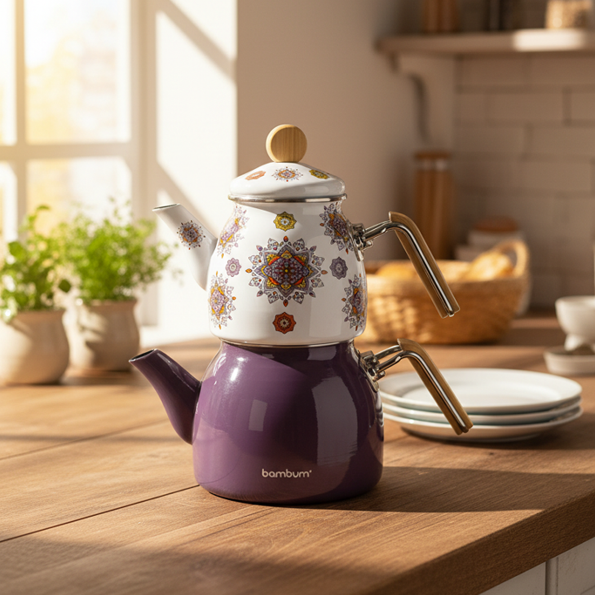 Unique - Bambu Kulplu Çaydanlık Takımı Mor