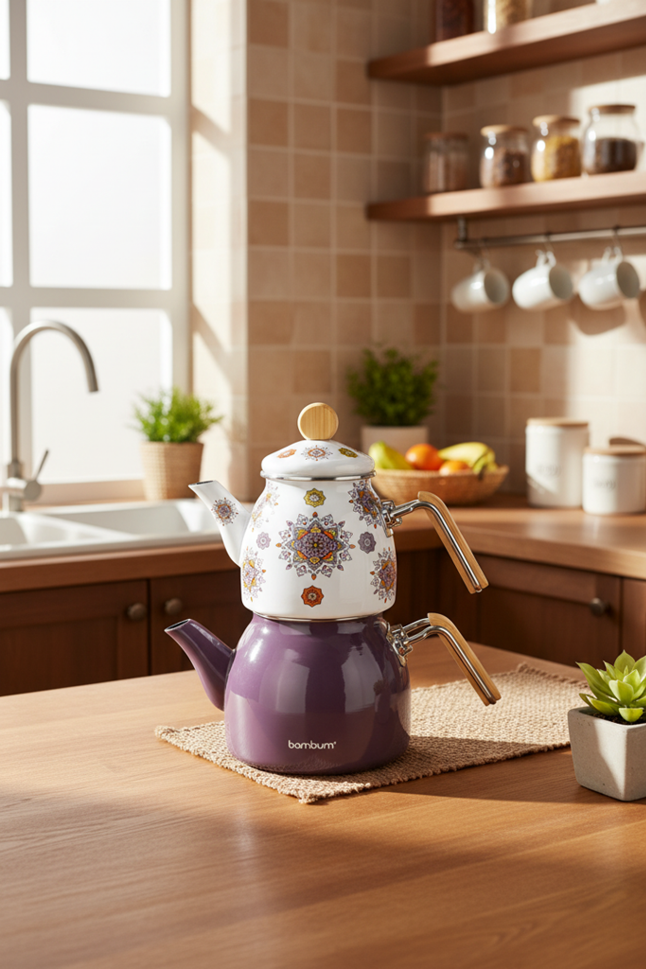 Unique - Bambu Kulplu Çaydanlık Takımı Mor