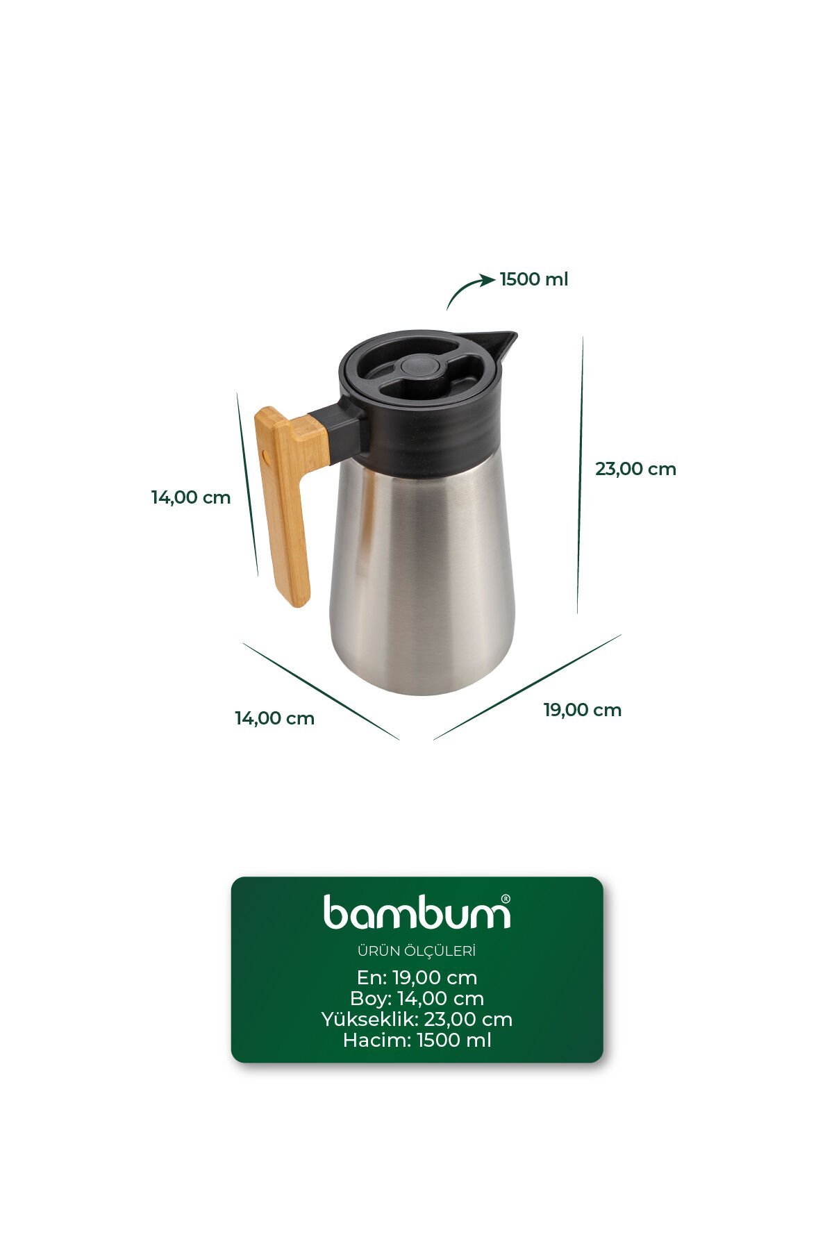 North - Bambu Saplı Çelik Termos Inox 1,5 Litre