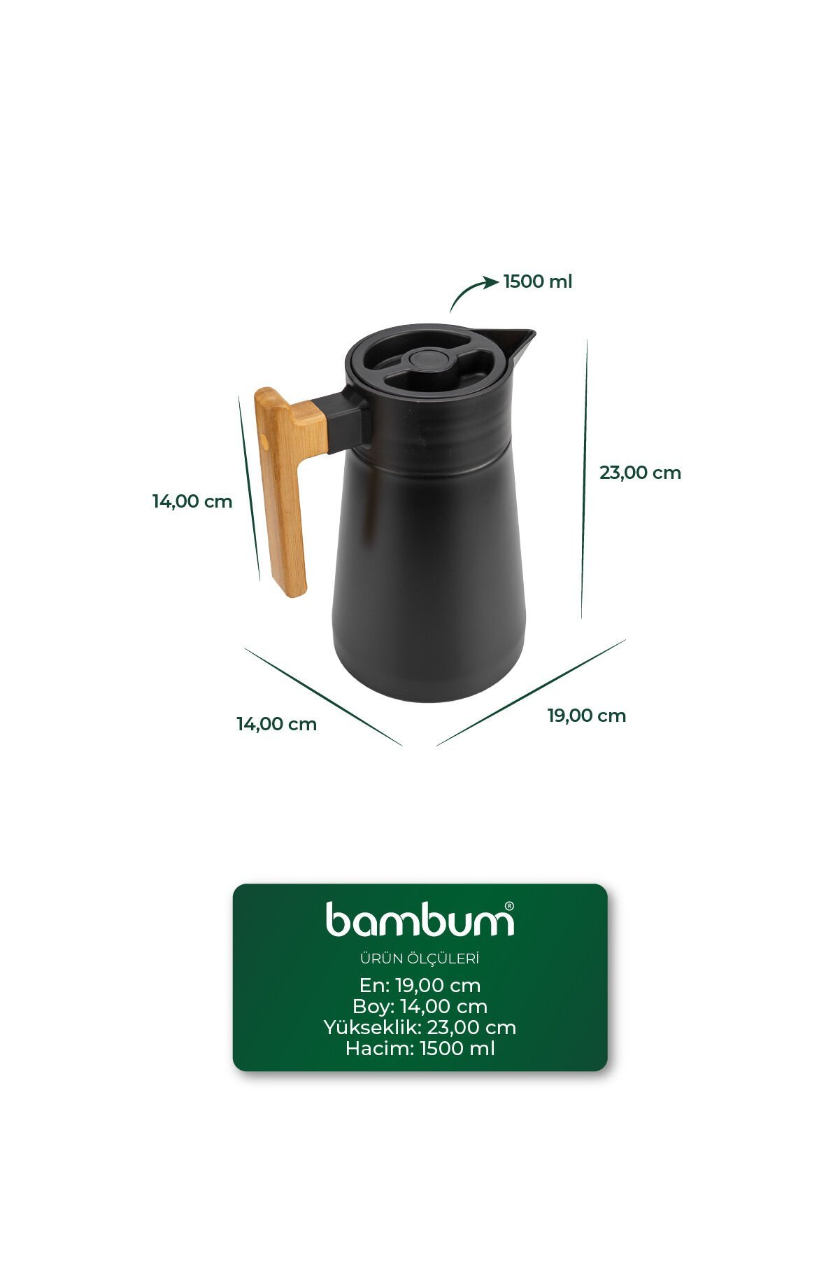 North - Bambu Saplı Çelik Termos Siyah 1,5 Litre