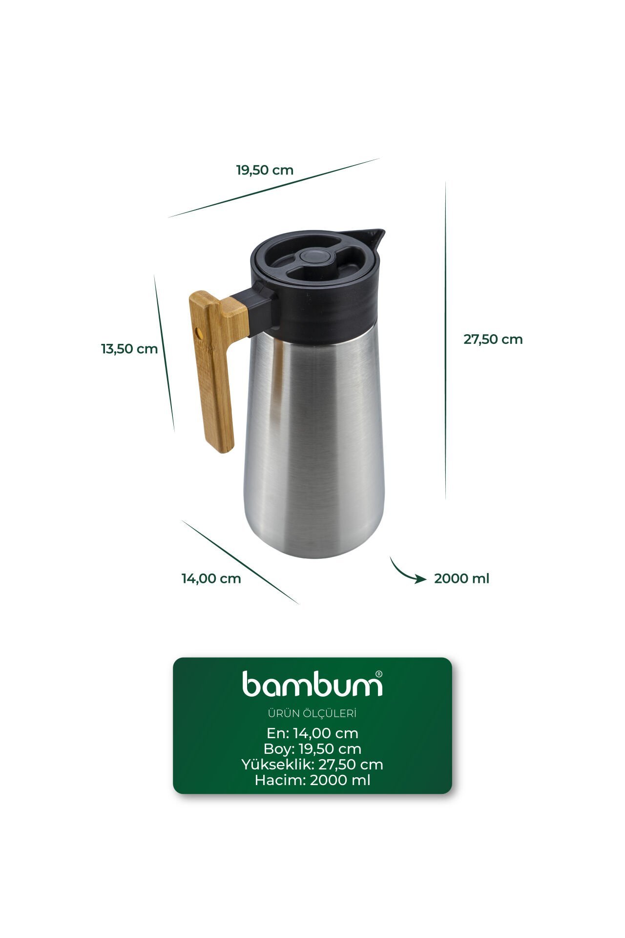 North - Bambu Saplı Çelik Termos Inox 2 Litre