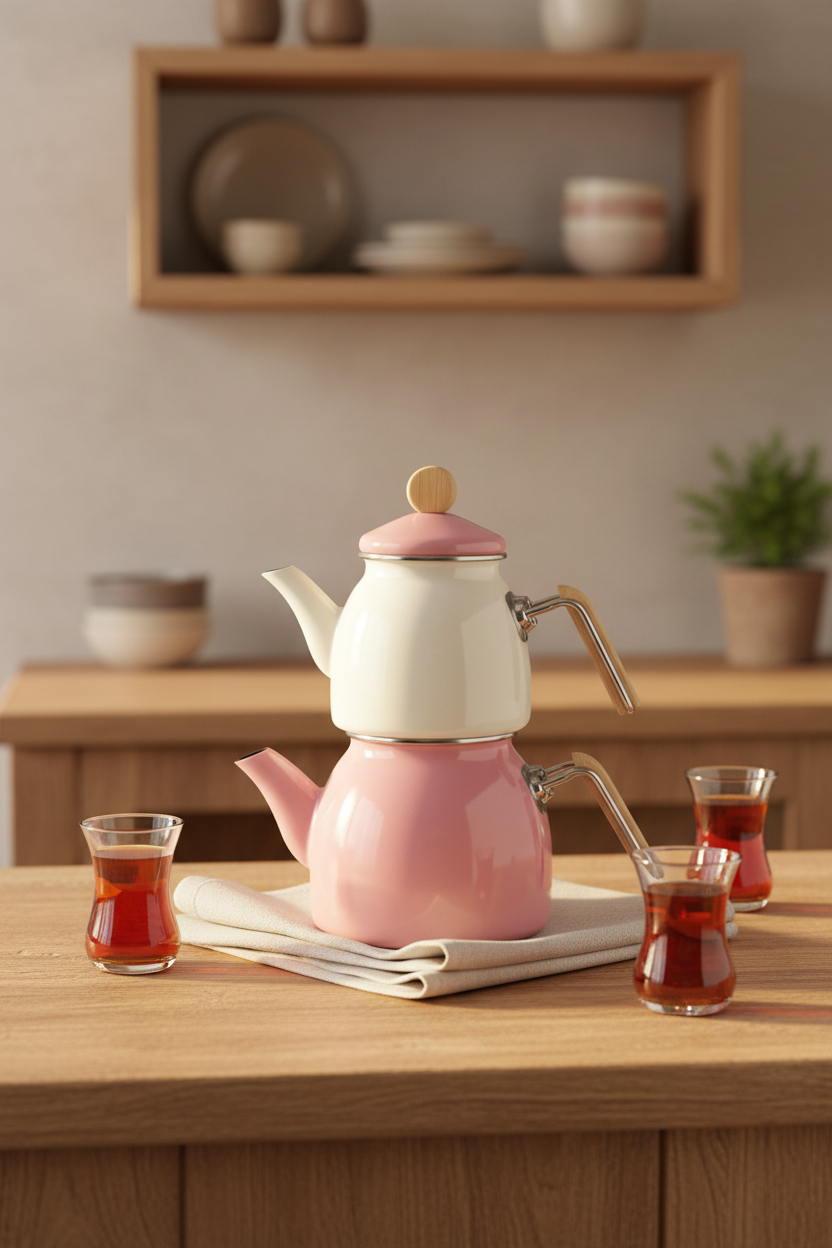 Nostalji - Ahşap Kulplu Çaydanlık Takımı Seker Pembe