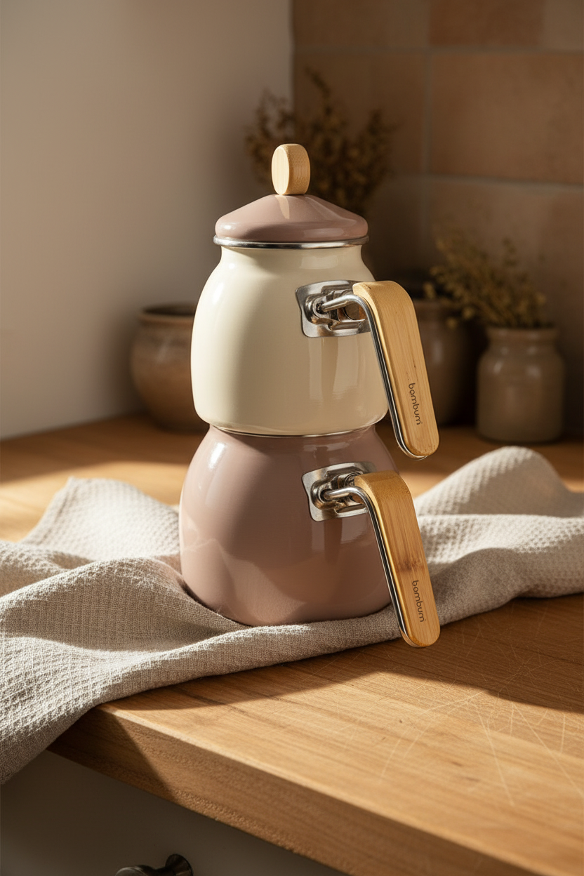 Nostalji - Ahşap Kulplu Çaydanlık Takımı Toprak