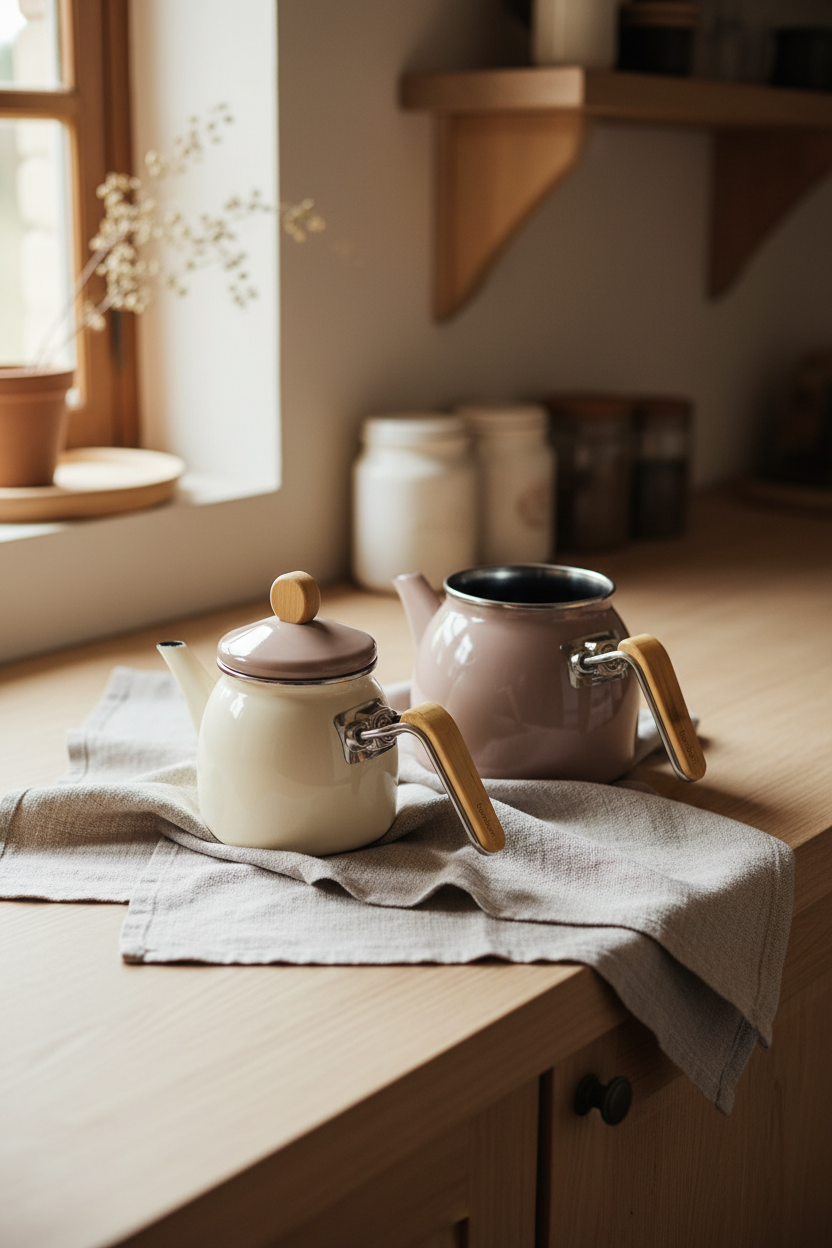 Nostalji - Ahşap Kulplu Çaydanlık Takımı Toprak