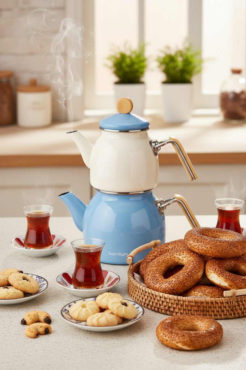 Nostalji - Ahşap Kulplu Çaydanlık Takımı Mavi