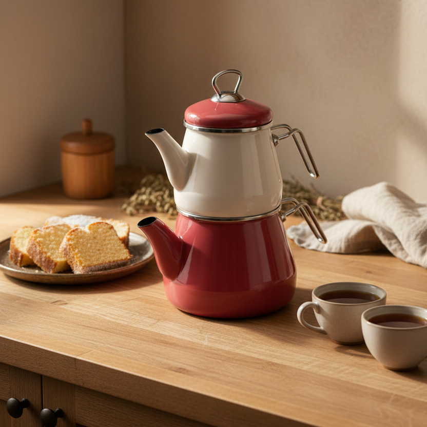 Lumino - Emaye Çaydanlık Takımı Pembe