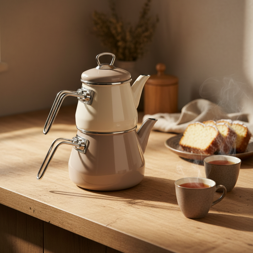 Lumino - Emaye Çaydanlık Takımı Bej