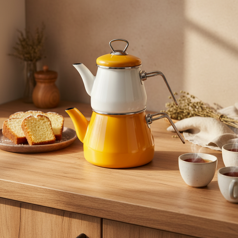 Lumino - Emaye Çaydanlık Takımı Hardal