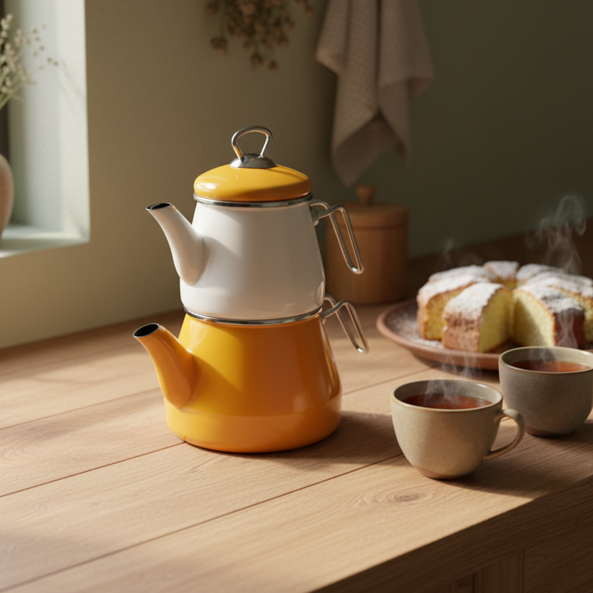 Lumino - Emaye Çaydanlık Takımı Hardal